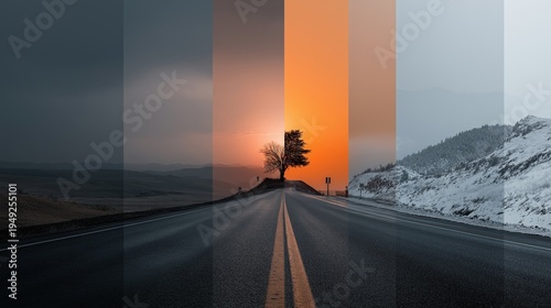 A road transition image showing different seasons and times, from dark and snowy to bright and sunny, with a lone tree at the center horizon.