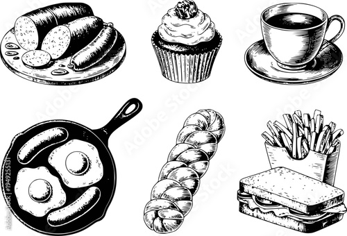 Hand Drawn Black and White Food Featuring Breakfast and Fast Food coffee