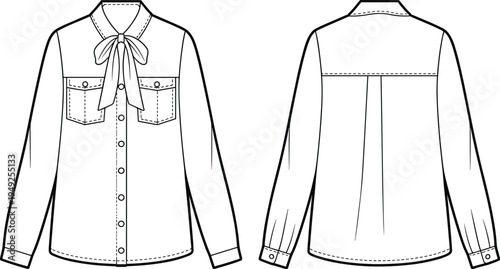Women bow tie blouse technical fashion flat sketch with pockets, long sleeves, button front shirt template front and back view