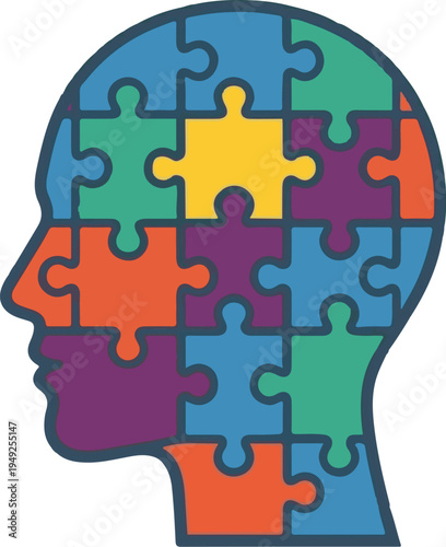 Human Mind and Mental Health Concept: Abstract Human Head Profile with Colorful Jigsaw Puzzle Pieces