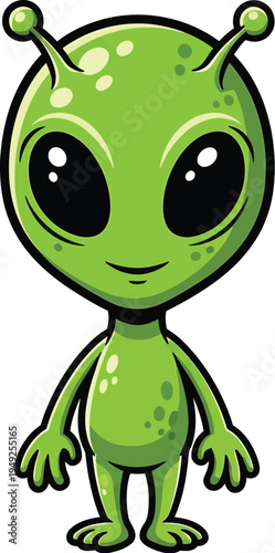 A cartoon green alien with big eyes and a smile stands alone on a white background