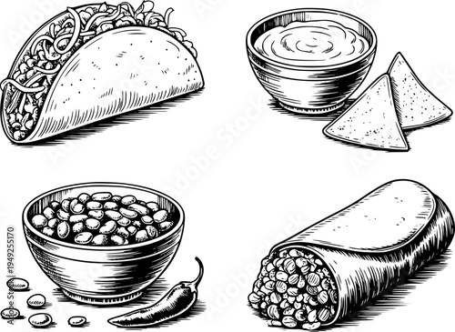 Hand drawn black and white of Mexican food including taco burrito beans and nachos with dip