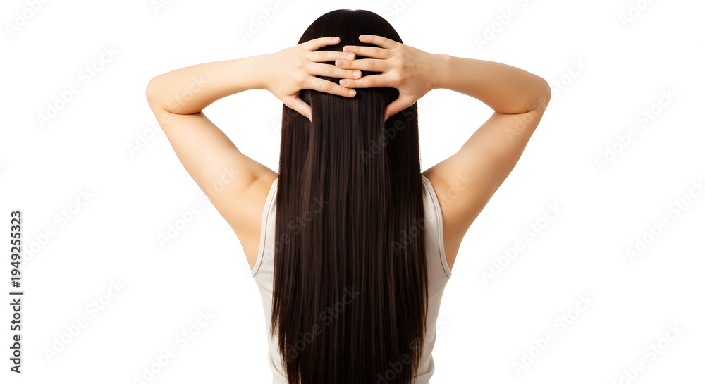 Naklejka premium Woman's long dark brown hair held by hands against white background image