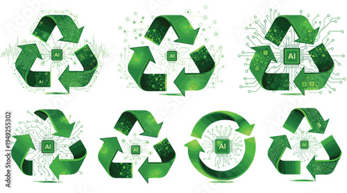 AI Recycling Technology Vector Illustration Set with Artificial Intelligence Chip, Green Circular Arrows and Sustainable Digital Innovation Concept