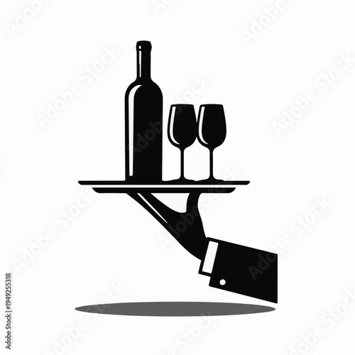 Hand holding tray with wine bottle and two glasses silhouette serving waiter