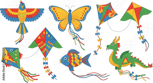 Colorful Fantasy Kites Vector Illustration Set with Dragon, Butterfly, Bird and Fish Shaped Festival Flying Kites