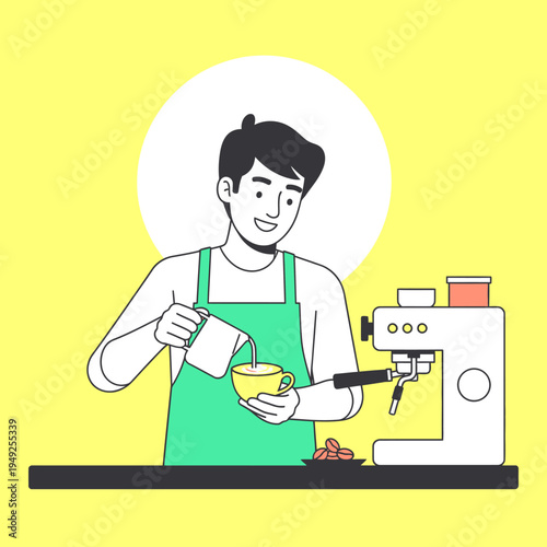 Smiling male barista preparing fresh coffee, pouring milk into a cup at a cafe counter with an espresso machine. Professional coffee making illustration.