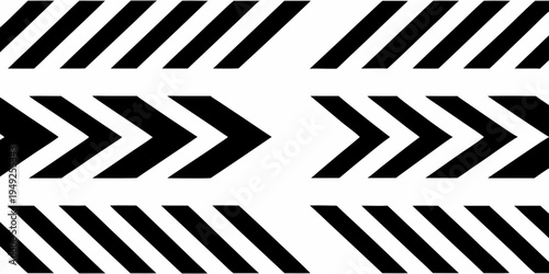 Abstract pattern of black diagonal stripes and chevrons on white