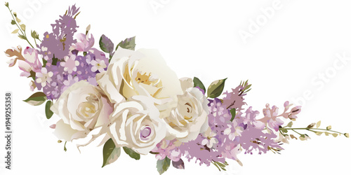 Elegant floral arrangement featuring white roses and lavender sprigs