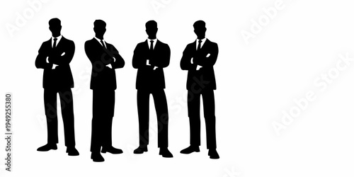 Four silhouetted businessmen standing in a row arms crossed confidently