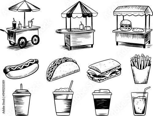 Hand Drawn Collection of Street Food Carts and Fast Food hotdog burger