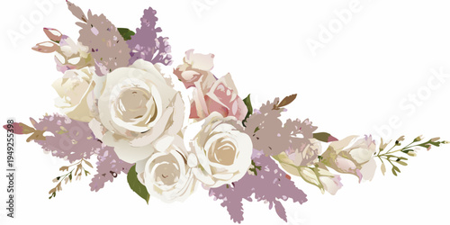 An arrangement of roses lavender and other delicate floral blooms