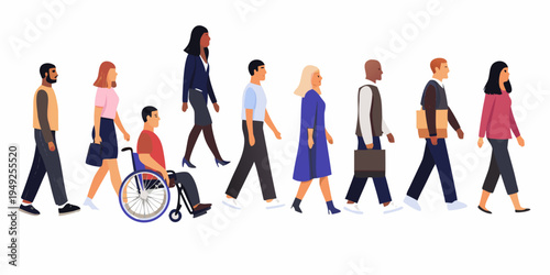 Diverse group of people walking in a line including a person in a wheelchair