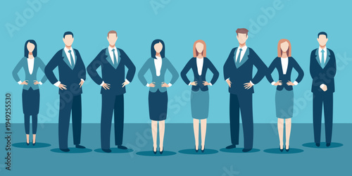 A diverse group of business professionals standing in a formal row