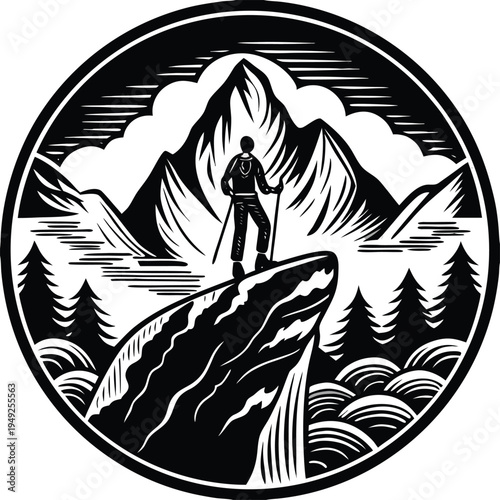 Black and white vector illustration of a hiker on a cliff with mountains