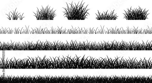 Grass silhouette illustration collection featuring clumps, strips, blades, dense clusters, landscape elements, black vector design set