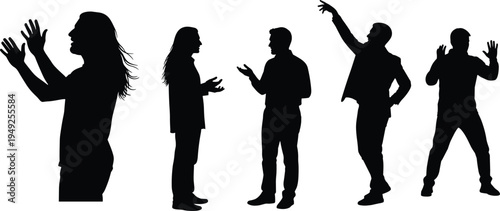 Black and white minimalist silhouette illustration of five diverse people in various expressive poses representing social interaction and human communication,