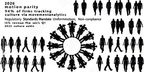 Silhouettes arranged around a central oval with data driven text overlay