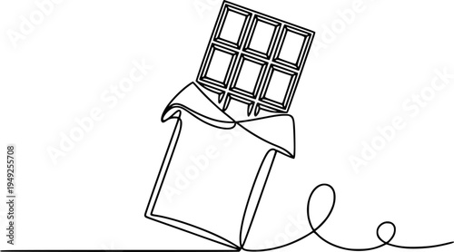 Minimalist black and white line of an open chocolate bar with wrapper sweet food
