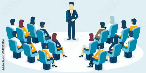 A businessman presenting to a group of people in a conference setting