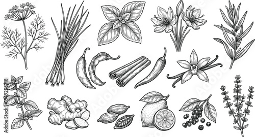 Herb and spice illustration collection featuring dill, chives, basil, saffron, oregano, ginger, cinnamon, chili, botanical vector design
