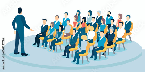 A presenter addresses a diverse group of people in a presentation setting