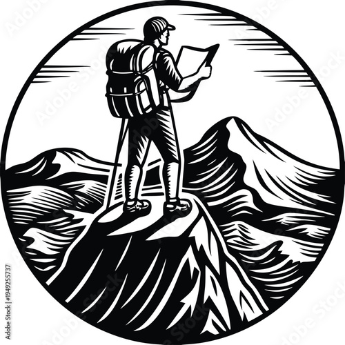 Black and white vector illustration of a hiker with backpack and map