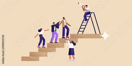 Teamwork and ambition people climbing stairs towards a bright future