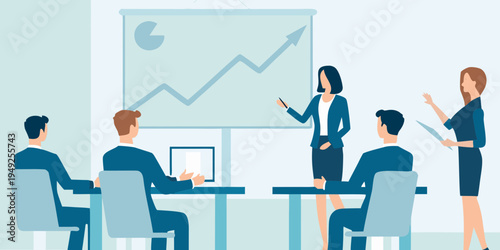 Business professionals collaborating during a presentation with a growth chart