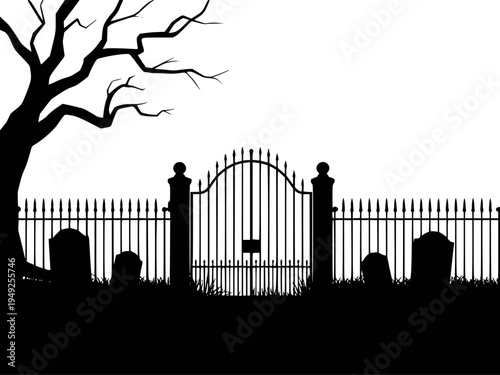 Silhouette of a spooky cemetery gate with tombstones and a bare tree against white background