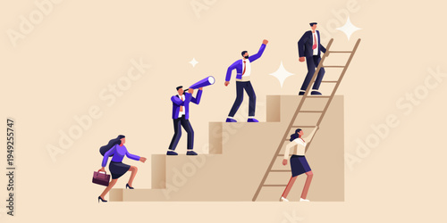 Business team climbing stairs towards success with leadership and ambition