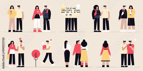 Stylized illustration of people engaged in conversation and structured debate