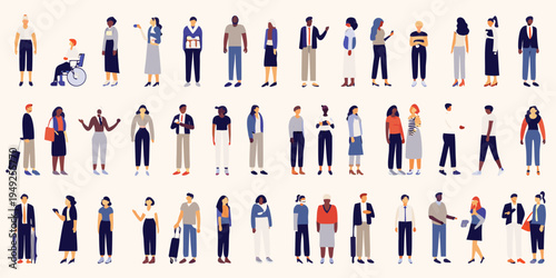 Diverse group of people standing in rows illustrated in a minimalist style