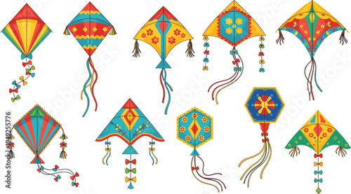 Colorful Traditional Kites Vector Illustration Set with Decorative Patterns, Ribbons and Festival Flying Kite Designs
