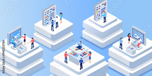 Isometric illustration depicting people interacting with digital displays and technology