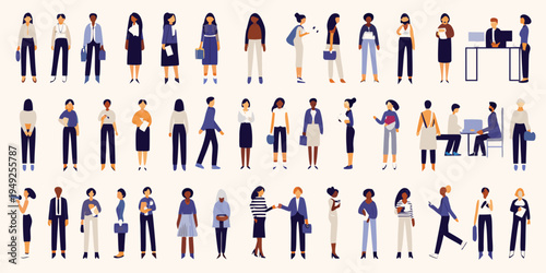 Diverse group of illustrated people in business attire standing and interacting