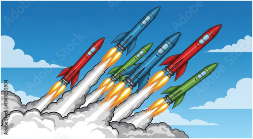 Colorful Rockets Launching into the Sky with Smoke Trails.