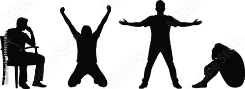 Black and white silhouette illustration of four human figures showing different emotional states, contemplative, triumphant, expressive, and defeated on white background,