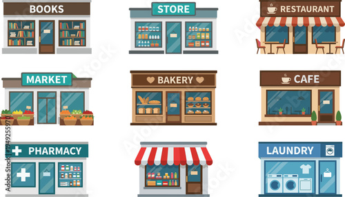 Storefront illustration collection featuring bookstore, market, bakery, cafe, restaurant, pharmacy, laundry, general shop vector design set
