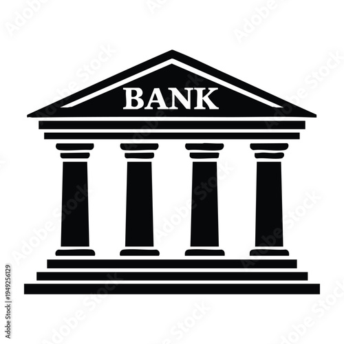 Classic Bank Building Icon with Columns and Pediment – Black Vector Symbol for Finance, Banking and Economic Concepts. This vector icon features a classic bank building with four columns. 