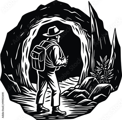 Vector illustration of man with backpack entering cave