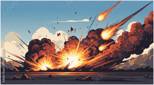 Meteor Shower Impacting Earth with Explosions and Fiery Trails.