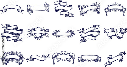 Vintage ribbon and banner illustration collection featuring ornate scrolls, flourishes, shields, tassels, decorative antique vector design set