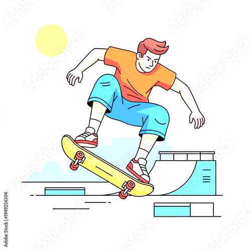 Vibrant flat line art illustration of a young person performing a skateboard trick at a sunny outdoor skatepark