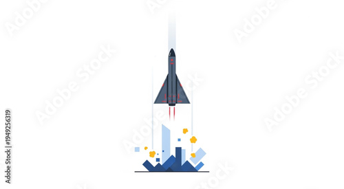 Rocket Launch Illustration with Smoke and Debris on White Background.