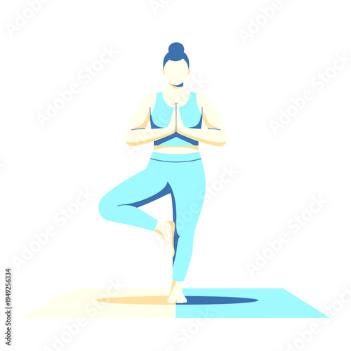 Woman practicing yoga Tree Pose on a mat, meditating for balance and wellness in a minimalist vector illustration