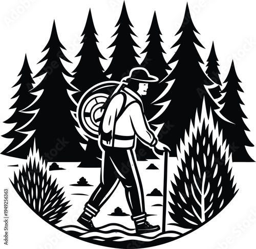 Vector illustration of a hiker with backpack and trekking pole in forest