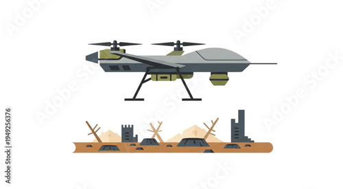 Military Drone Flying Over War-Torn Landscape Illustration.