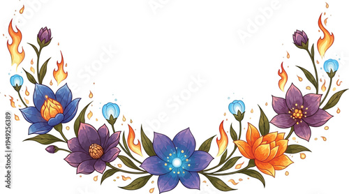 A vibrant floral wreath with colorful flowers and flames on a white background
