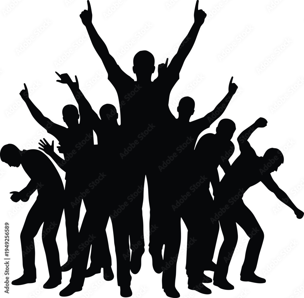 Fototapeta premium Victorious Crowd Silhouettes with Arms Raised in Celebration, Representing Success, Teamwork, and Energetic Achievement in Group Dynamics.